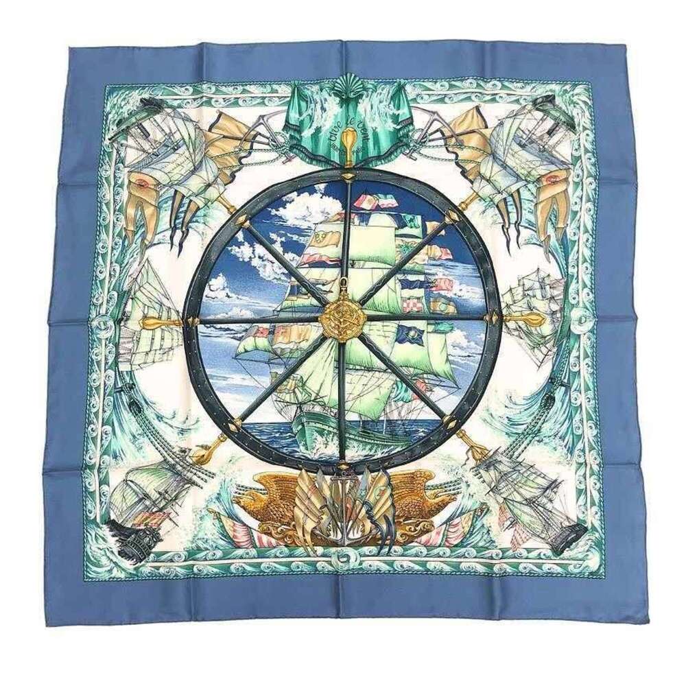 HERMES scarf/muffler, Carre 90, VIVE LE VENT (Let the Wind Blow), blue, 100% ...